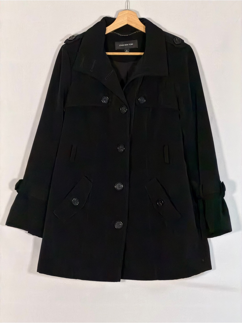 Jones New York Women’s Black Trench Coat Size S Military Epaulet Career Jacket